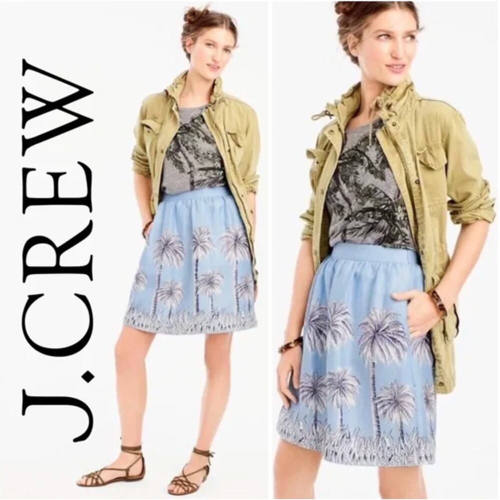 J. Crew Pure Linen Palm Paradise Skirt Blue G4616 Size 4